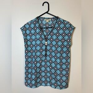 Michael Kors Women's Blue Black White Geometric Zip V-Neck Blouse Size S